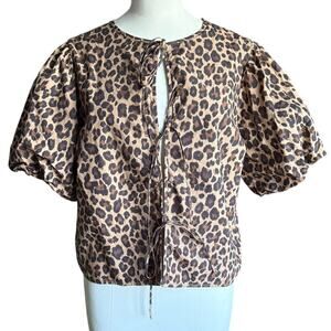Abercrombie & Fitch Leopard Print Short Puff Sleeve Tie Front Top (sz M) 461